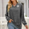 Long Puff Sleeve V-Neck Shirt e31 | Emf - Small / Dark Gray